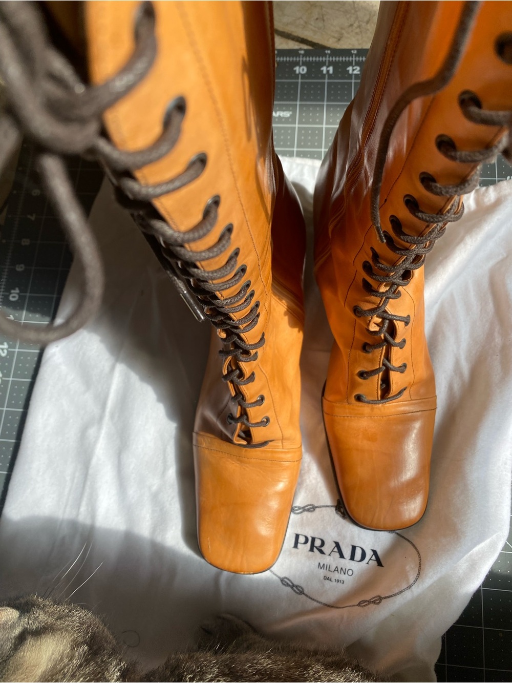 Prada Cognac/Tan Lace-Up Leather Mid-Calf Boots EU 39 / US 9 - Picture 7 of 10